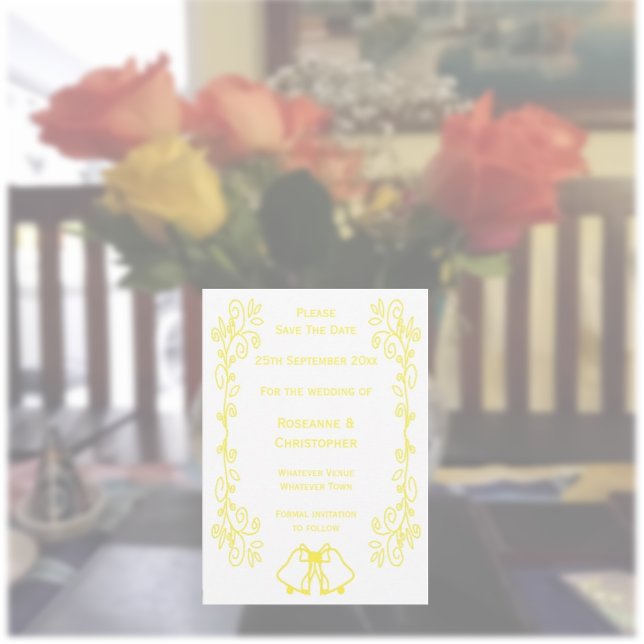 Reserva La Fecha Lemon Bells Scrollwork Design Boda (Yellow wedding save the date bells and scrollwork design)