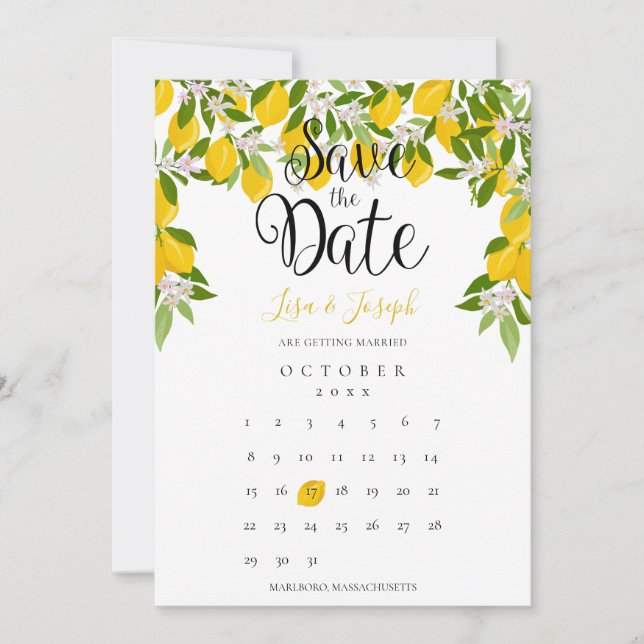 Reserva La Fecha Lemon Blossom Greenery Elegante Boda de calendario (Anverso)