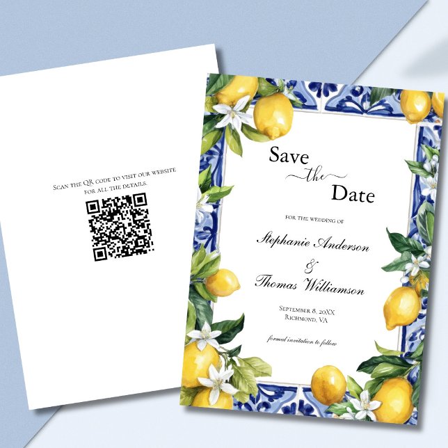 Reserva La Fecha Lemons Mediterranean QR code Wedding Save the Date (Lemons Mediterranean Blue White Mosaic Tile White Florals Wedding Save the Date Card with QR code)