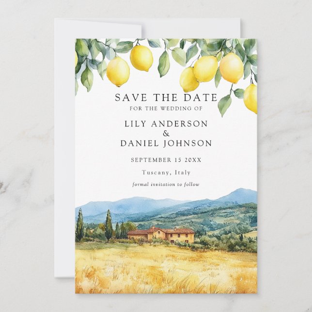 Reserva La Fecha Lemons Tuscan Scene Italian Wedding (Anverso)