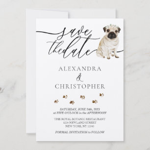Reserva La Fecha letra caligráfica para boda de cachorro Pug