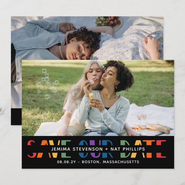 Reserva La Fecha Letras arcoiris Negro LGBTQ+ Typografía Foto Guard (Anverso / Reverso)