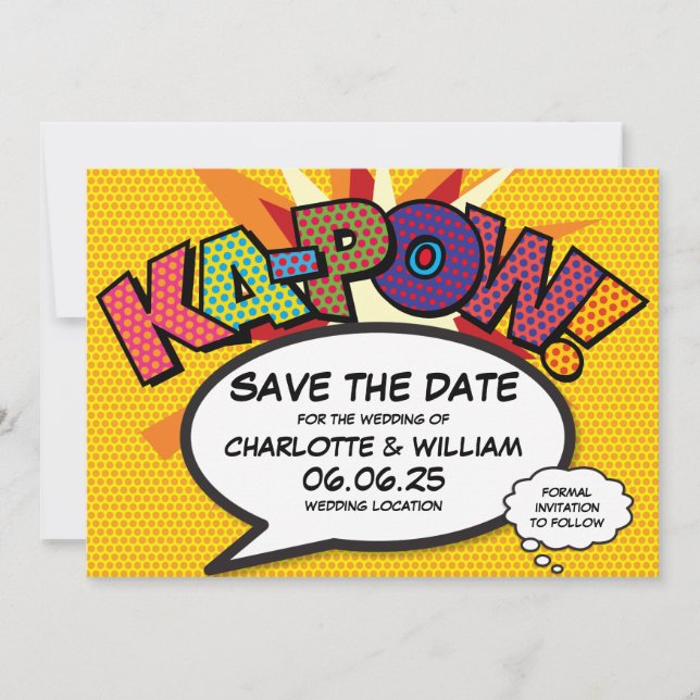 Reserva La Fecha Libro de Cómic Divertido Kapow Boda Guardar la Fec (Anverso)