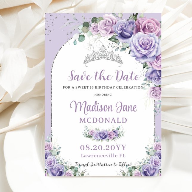 Reserva La Fecha Lila Floral Morado Chic Dulces 16 Cumpleaños Plata (Subido por el creador)