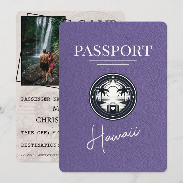 Reserva La Fecha Lila Púrpura Pasaporte de Hawái Save The Date (Anverso / Reverso)