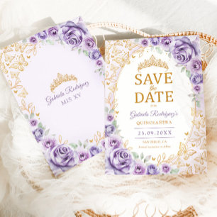 Reserva La Fecha Lila Púrpura Quinceañera Floral Dorada