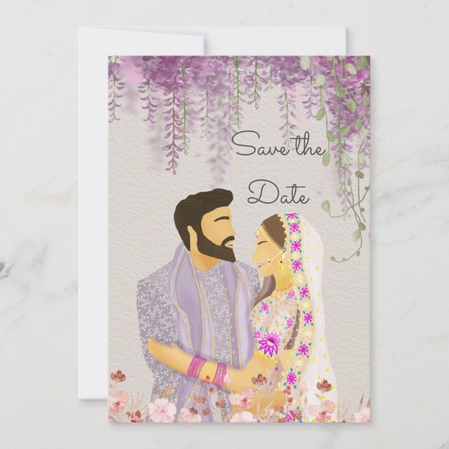 Reserva La Fecha Lilac Delight Indian Couple Ilustracion (Anverso)