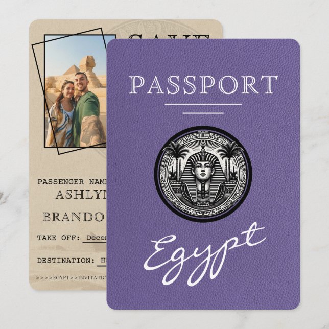 Reserva La Fecha Lilac Egypt Passport Wedding Save the Date (Anverso / Reverso)