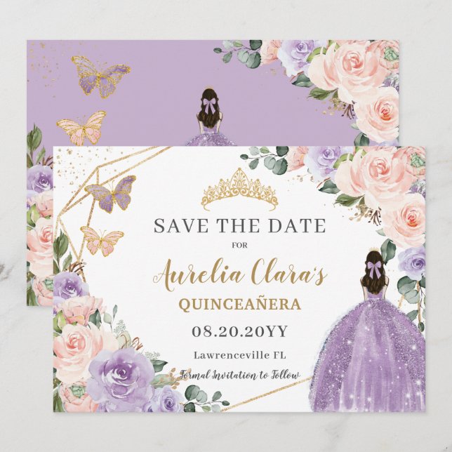 Reserva La Fecha Lilac Rubor Floral Gold Quinceanera Dulce (Anverso / Reverso)