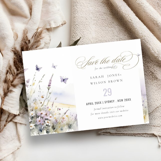 Reserva La Fecha Lilac Wildflower Field Butterfly Landscape Boda (Subido por el creador)