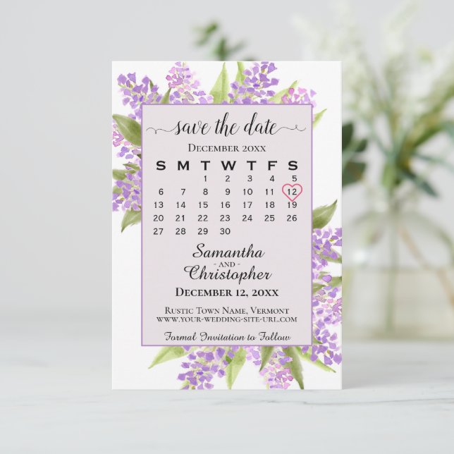 Reserva La Fecha Lilacs acuarela y Boda del Boho de Lavender Calend (Anverso de pie)