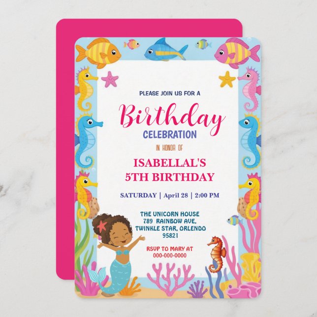 Reserva La Fecha lindo arco iris Afro sirena mar caballo cumpleaños (Anverso / Reverso)