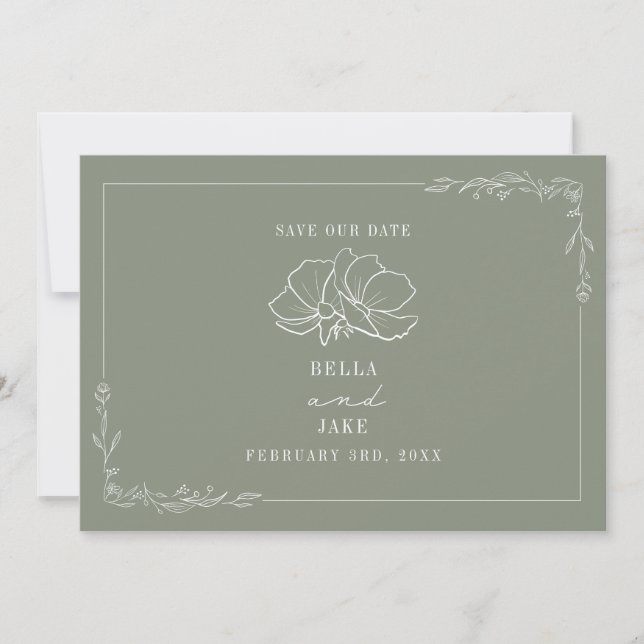 Reserva La Fecha Line Art Floral Wedding Sage Green Save The Date (Anverso)