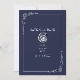 Reserva La Fecha Línea Art Seashell Dark Blue Rustic Beach Wedding