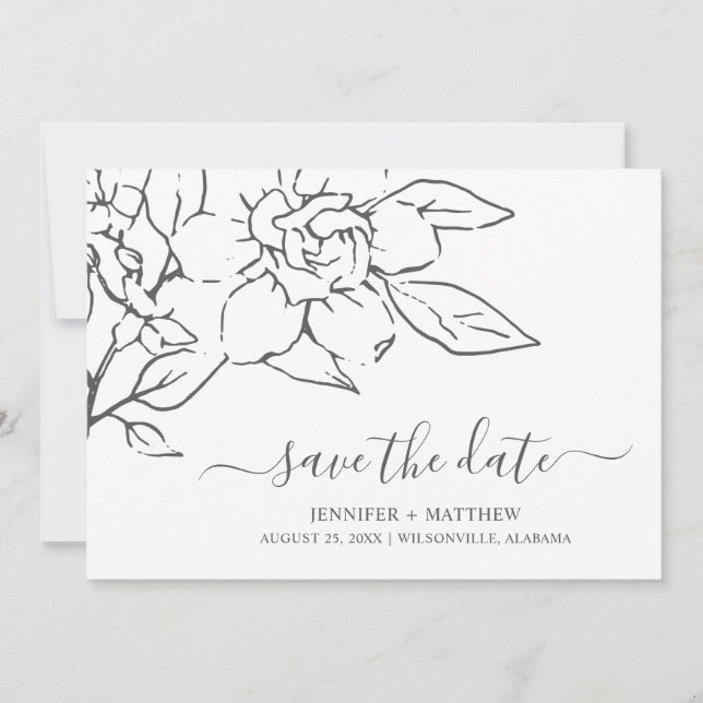 Reserva La Fecha Línea Neutral Arte Boda Floral Elegante (Anverso)