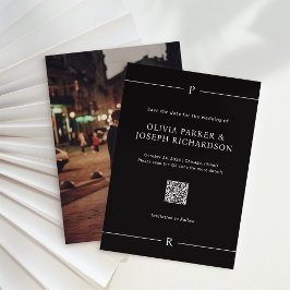 Reserva La Fecha Líneas modernas y monograma negro Código QR y foto