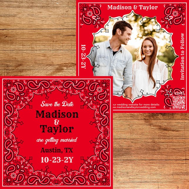 Reserva La Fecha Llanura de fotos de Bandana roja Guardar la tarjet (Classic red bandana Save the Date with your photo and a QR code.)