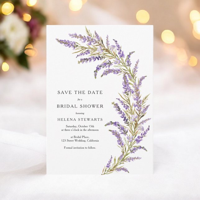 Reserva La Fecha Lluvia de lavanda en acuarela para baby shower nup (Lavender Fall floral watercolor bridal shower Save The Date)