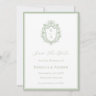 Reserva La Fecha Logotipo de boda con monograma de cresta verde sal