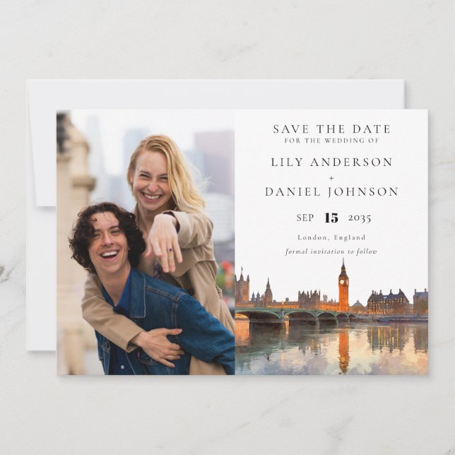 Reserva La Fecha London Skyline Watercolor Photo Wedding (Anverso)