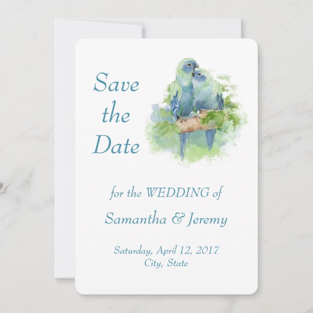 Reserva La Fecha Loros Acuarela Azul Verde Save the Date (Anverso)