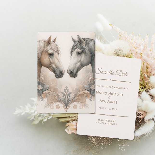 Reserva La Fecha Los Caballos Elegantes De Bodas Salvan La Fecha (Elegant Horses Wedding Save The Date (front and back))