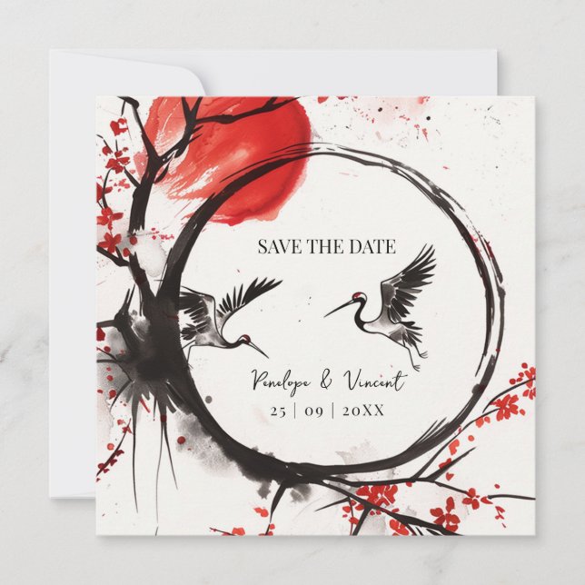 Reserva La Fecha Love Cranes and Cherry Blossom Save the Date (Anverso)