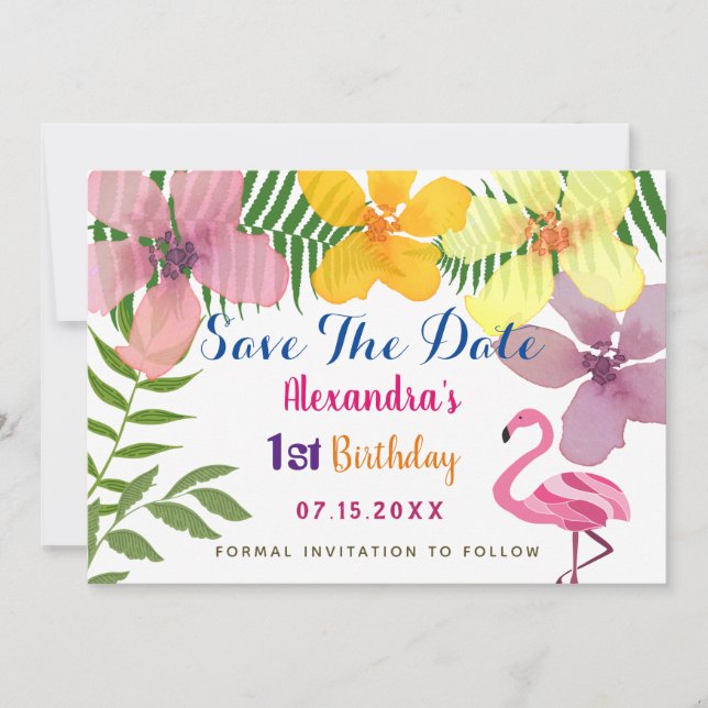 Reserva La Fecha Luau Flamingo 1er cumpleaños (Anverso)