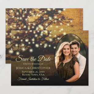 Reserva La Fecha Luces de árbol dorado rústico y elegante boda foto