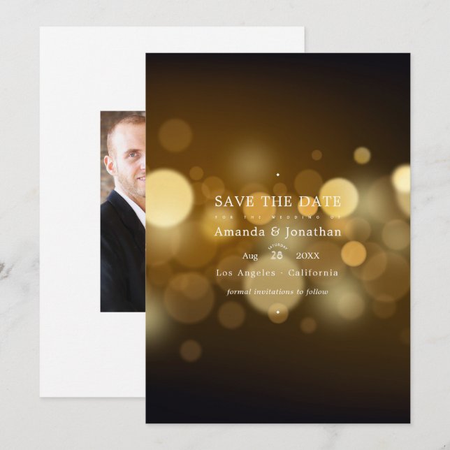 Reserva La Fecha Luces de boda con desenfoque moderno clásico para  (Anverso / Reverso)