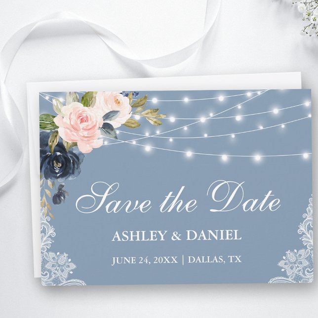 Reserva La Fecha Luces de cadena floral azul rosa y turbio (Customize to change text size, style or to add more text to back of card.)