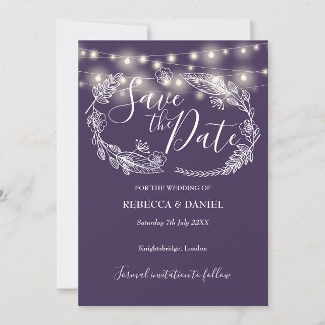 Reserva La Fecha Luces de Cadena Florales Moradas Boda (Anverso)