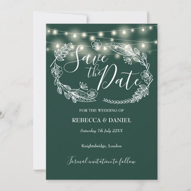 Reserva La Fecha Luces de Cadena Florales Verde Esmeralda Boda (Anverso)