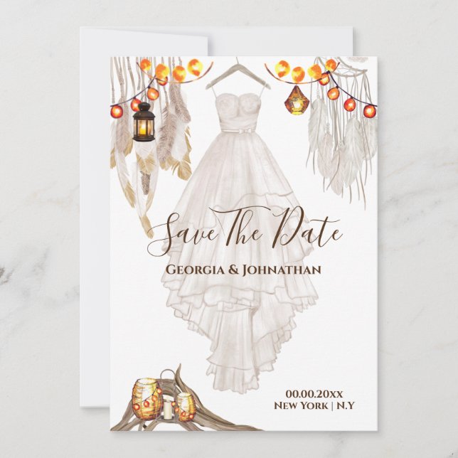 Reserva La Fecha Luces de cadena plumas boho macramé linterna boda (Anverso)