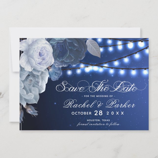 Reserva La Fecha Luces de cuerda Boda elegante azul (Anverso)