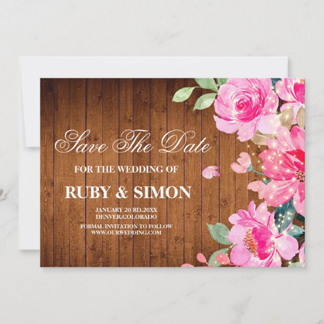 Reserva La Fecha Luces de Cuerda de Madera para Boda Rústica Floral (Anverso)