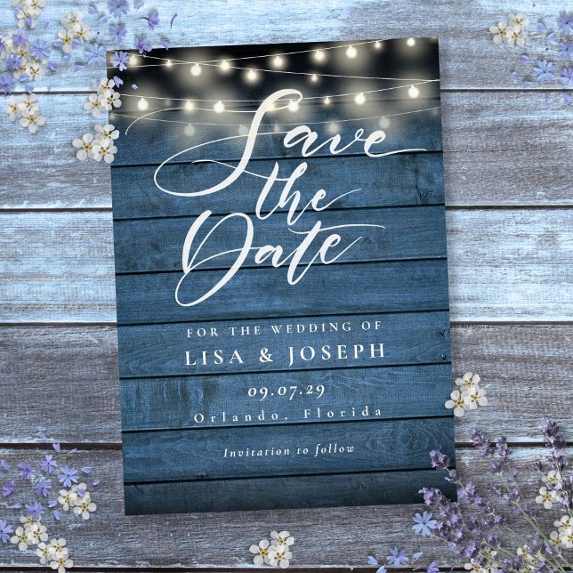 Reserva La Fecha Luces de Cuerda de Madera Rústica Azul para Bodas (Blue Rustic Wood String Lights Wedding Save The Date)