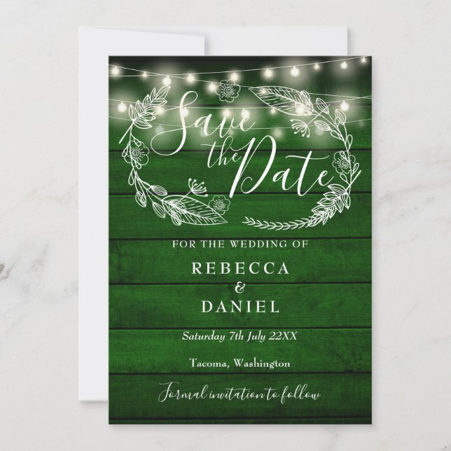 Reserva La Fecha Luces de Cuerda de Madera Verde Rústica para Boda  (Anverso)