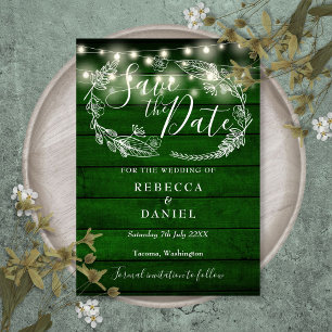Reserva La Fecha Luces de Cuerda de Madera Verde Rústica para Boda 