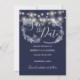 Reserva La Fecha Luces de Cuerda Floral Azul Marino Boda