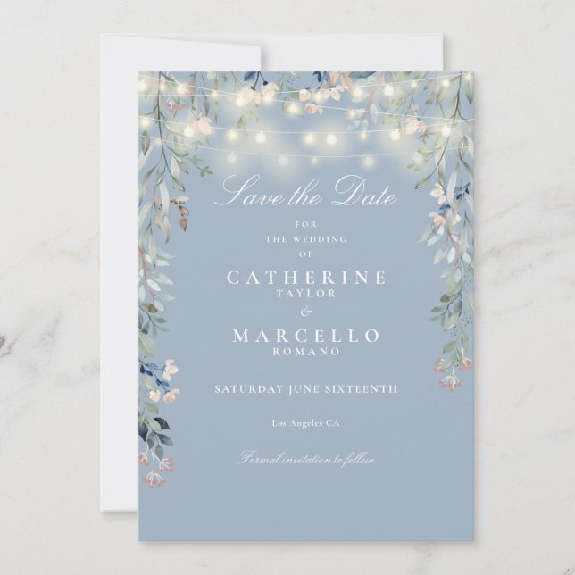 Reserva La Fecha Luces de Cuerda Florales Azul Polvo Boda (Anverso)