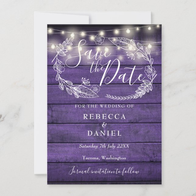 Reserva La Fecha Luces de Cuerda Moradas Rústicas Florales Boda Fot (Anverso)