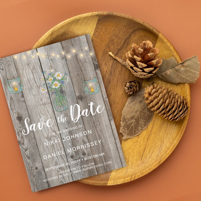 Reserva La Fecha Luces de Cuerda Rústicas de Campo en Tarros con Ma (Country Rustic String Lights Jars Wildflower Wood Save The Date)