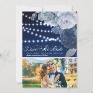 Reserva La Fecha Luces de cuerdas Fotografía de boda Blue Elegant
