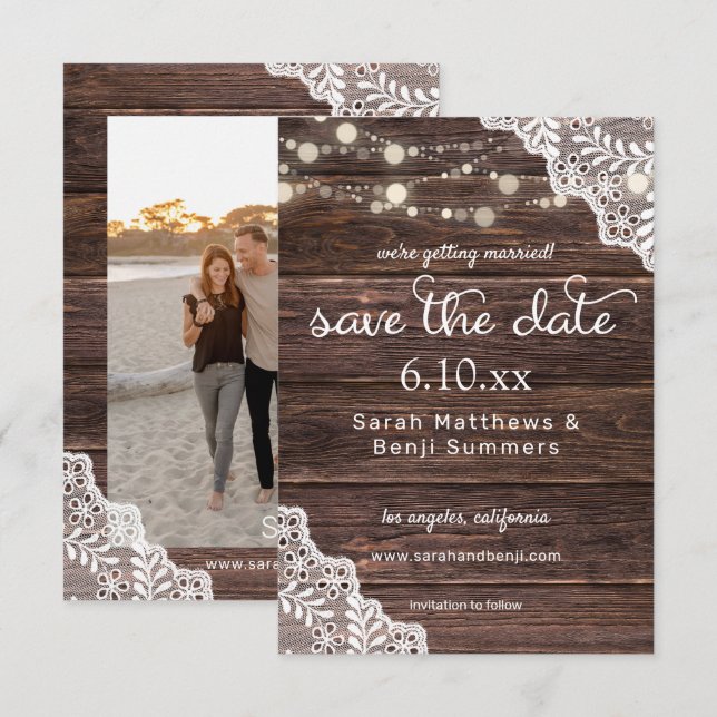 Reserva La Fecha Luces de encaje y cuerdas de madera Guardar la fot (Anverso / Reverso)