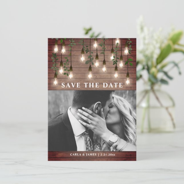 Reserva La Fecha Luces de época Boda de madera rústica botánica (Anverso de pie)