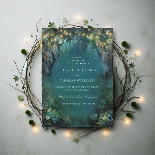 Reserva La Fecha Luces de Hadas del Bosque Encantado para Boda en e (enchanted forest woodland wedding save the date card emerald gold magic fairy tale)