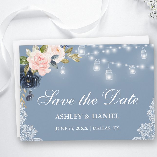 Reserva La Fecha Luces Florales Rosa Azul Dusto (Customize to change text size, style or to add more text to back of card.)