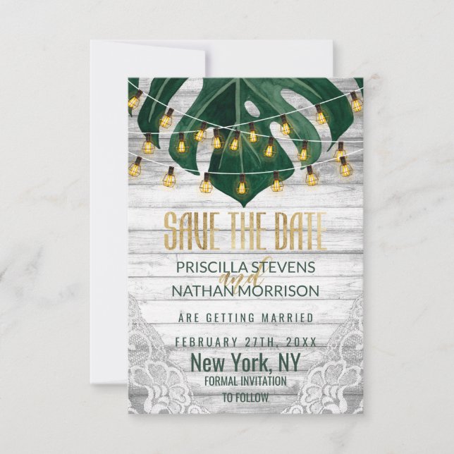 Reserva La Fecha Luces suizas de cuerda de hojas de queso Lace Gold (Anverso)