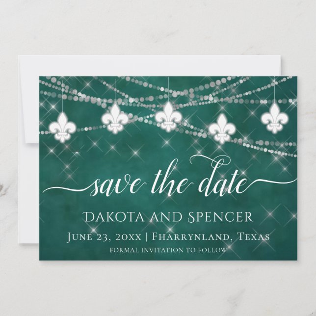 Reserva La Fecha Luces verdes de Fleur de Lis | Boda temática audaz (Anverso)